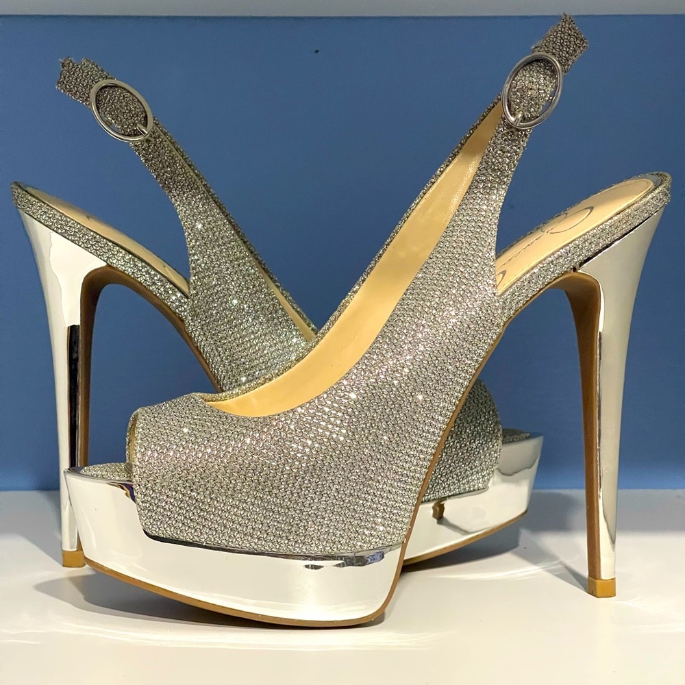 Jessica Simpson Metallic Silver Peep Toe Stiletto